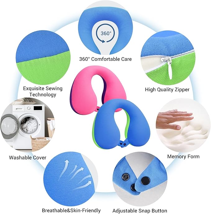 COOLBEBE Kids Travel Neck Pillow for Airplane, 2PCS Toddler Neck Pillow for Traving, Comfortably Headrest Pillow for Car & Airplane (Bluish Green & Pinkish Purple)