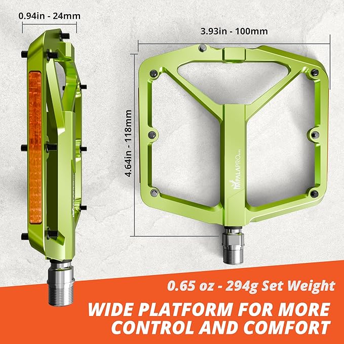 Flat Bike Pedals with Reflectors CNC Aluminium 9/16” – MTB Pedals with Extra Wide Platform and Removable Anti-Slip Pins – Lightweight Pedals for Mountain Bike & Road Bike 294 g