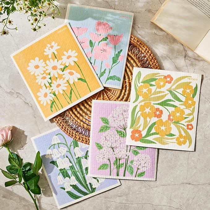 RECYCO Swedish Dishcloths for Kitchen | 5 Pack Matisse Floral Washable Dish Rags | Cellulose Reusable Cleaning Paper Towels | Absorbent Counter Dish Cloth Sponge Kitchen Wipes, 8" L x 7" W