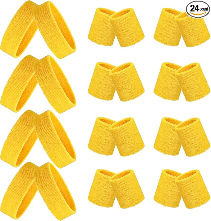 24 Pieces 80s Neon Sweatbands Set, Include 8 Sports Headbands and 16 Sweat Wristbands Elastic Athletic Tennis Sweat Bands Bulk for Man Woman