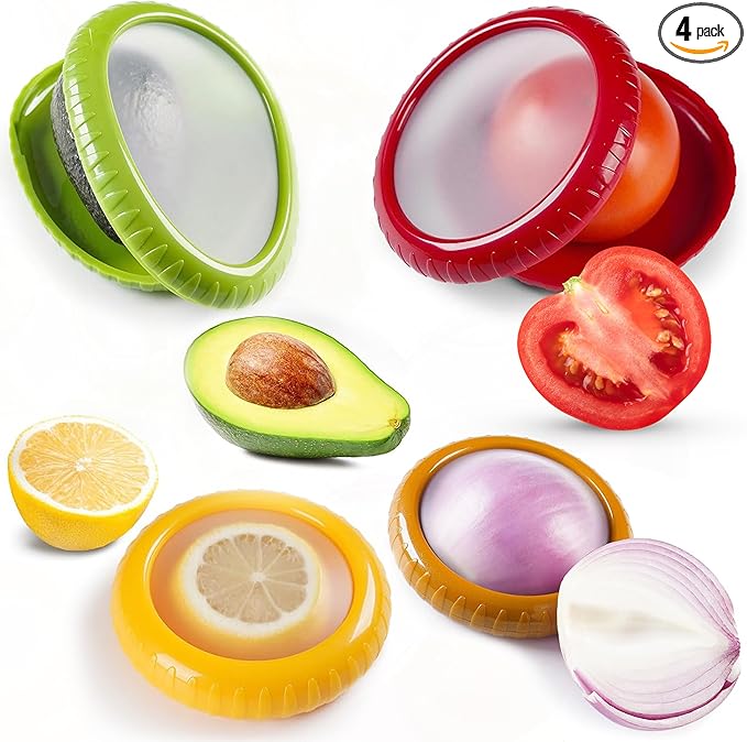 Set of 4 Food Popz Storage Containers | Fruit and Vegetable Anti-Oxidation Storage Box for Avocado, Onion, Lemon & Tomato | Fresh Pod Reusable Fruit Antioxidant Storage for Fridge | BPA-Free Box