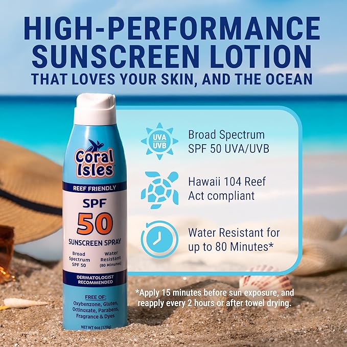 Coral Isles SPF 50 Sunscreen Spray - Hawaii Compliant - Oxybenzone & Octinoxate Free - Broad Spectrum - Water Resistant, 6 Fl Oz (Pack of 2)