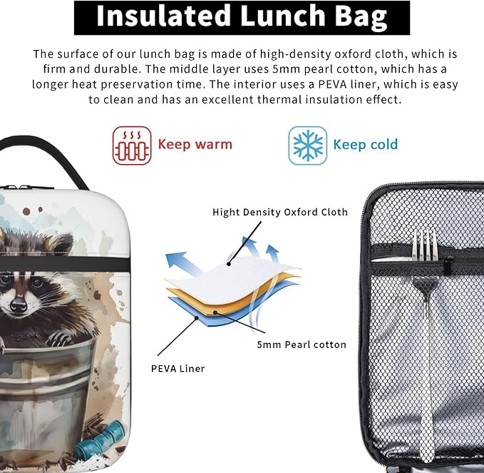 Insulated Lunch Box for Women Men, Raccoon Lunch Box Reusable Portable Lunch Bag Cooler Tote Waterproof Lunch Container for Office Picnic Work Travel Hiking