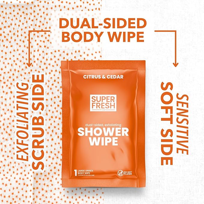 Super Fresh Shower Wipes Large Citrus & Cedar Body Wipes for No Rinse Bathing Personal Hygiene Gym Travel or Camping Enriched with Aloe and Vitamin E 10 Individually Wrapped Disposable Sheets