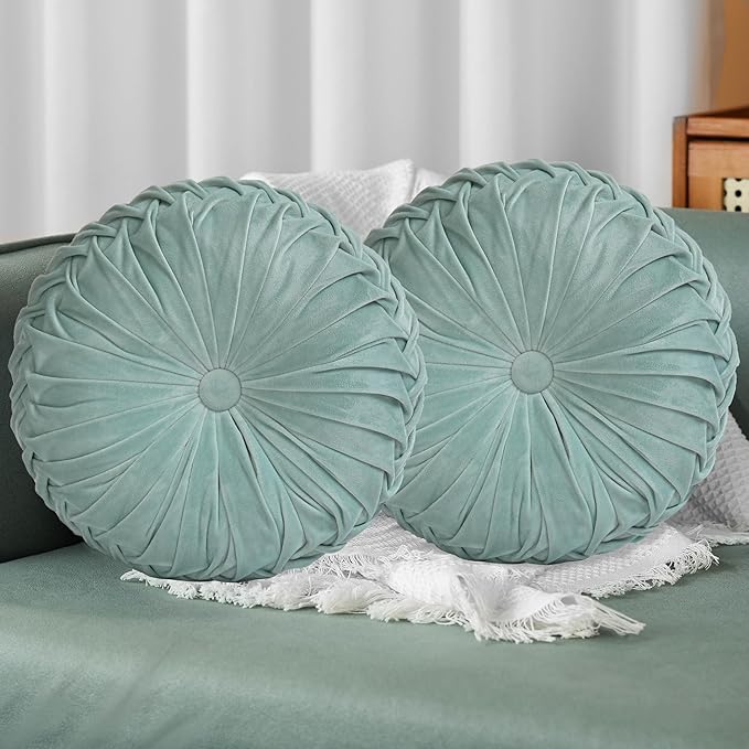 HIG Set of 2 Aqua Ruched Velvet Round Throw Pillows – 14.5’’ Decorative Pillows with Soft Polyester Filling for Couch, Bed, Living Room, Bedroom, or Dorm – Handmade, Stress Relieving, All-Season