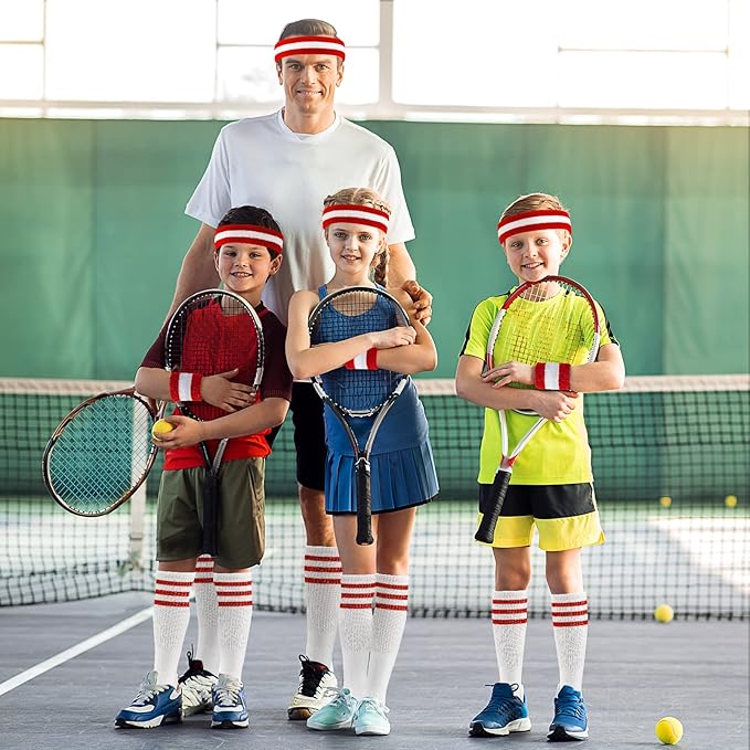 ONUPGO 5 Pieces Sweatbands Striped Socks Set Sports Headband Wristbands High Tube Socks 80s Accessories Costumes