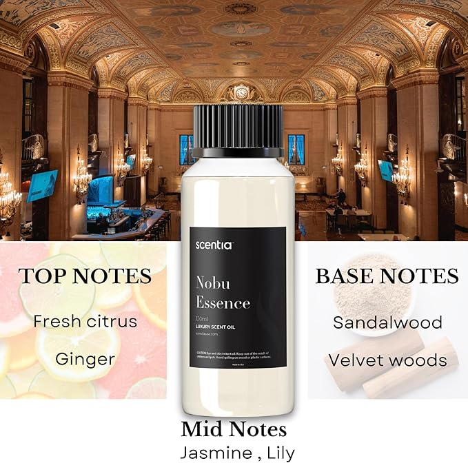 Scentia Hotel Diffuser Oil Inspired by The Nobu Hotel - 120 mL 4.06 fl oz - Essential Oil Blend Jasmine, Lilly, Sandalwood & Fresh Citrus for Aromatherapy Diffusers - Nobu Essence