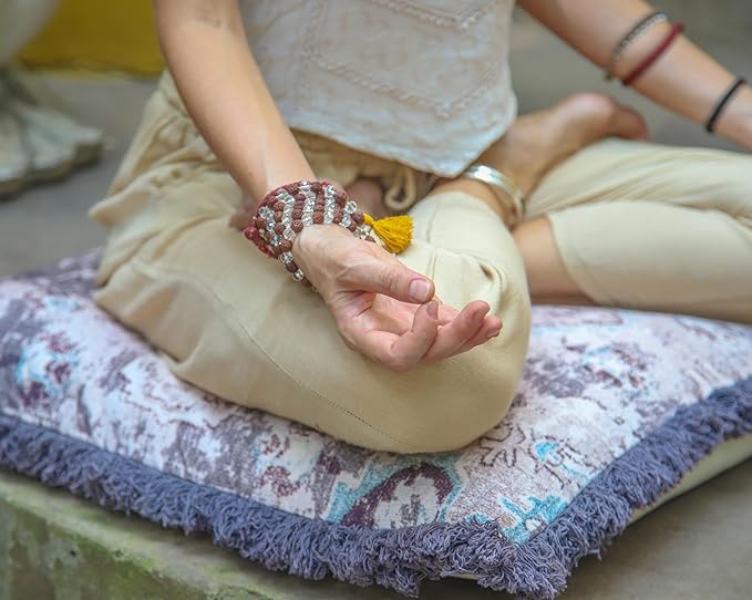 Mandala Life ART Square Meditation Cushion Cover with Fringes - 26 inches - Vintage Printed Purple Cotton Boho Chic Pillow Case