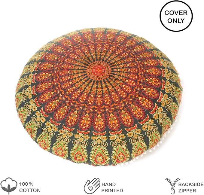 Eyes of India - Mandala Floor Pillow Cover Meditation Cushion Seating Throw Hippie Round Colorful Decorative Bohemian Indian Pouf Ottoman Handmade Cover ONLY (A1 Green, 32" x 32")