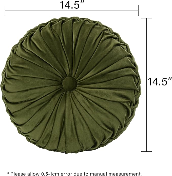 HIG Set of 2 Decorative Round Pleated Throw Pillows, Classy Accent Pumpkin Throw Pillows with Center Button, Vintage Velvet Floor Pillows for Sofa Couch Vanity Chair Bed, Olive, 14.5" Diameter(Ripple)