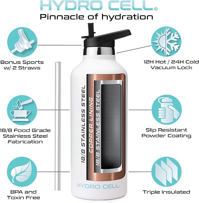 HYDRO CELL Stainless Steel Water Bottle with Straw & 2 Standard Mouth Lids (32oz 24oz 20oz 16oz) Keeps Liquids Hot or Cold w/Double Wall Vacuum Insulated Leak Proof Sport Design (White 32oz)