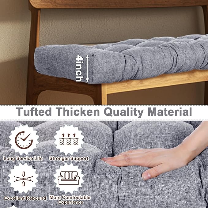 2 Pack Outdoor Bench Cushion Patio Waterproof Porch Swing Cushions Tufted Memory Foam Bench Seat Pads Thicken Non Slip for Outside Indoor Garden Furniture Wicker Loveseat Settee(Gray,48x18 Inch)