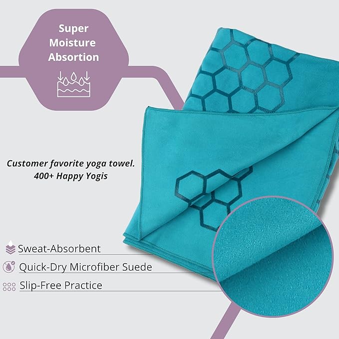Clever Yoga Hot Yoga Mat Towel – Non-Slip Grip for Hot Yoga, Sweat Absorbent, Honeycomb Silicone Grip, Stays Flat – Ideal for Pilates, Travel, Washable & Lightweight - Turquoise