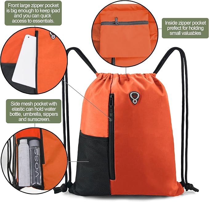 BeeGreen Orange Drawstring Backpack Gym Bag For Men & Women – Sports Sackpack with Mesh Water Bottle Holder & 2 Zippered Pockets – Large 16x20 Inch Cinch String Backpack
