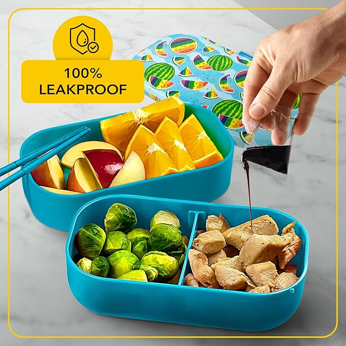 Insulated Stackable Bento Box for Adults with Reusable Chopsticks Japanese Lunch Box Microwavable & Leak Proof Lunch Containers for Men & Women Modern Cute Food Container with Compartments (Blue)