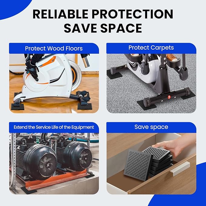 Exercise Equipment Mat 5.11x5.11x0.55in 4pcs, Heavy Duty Thick Steel Embedded Rubber Mat, Anti Slip/Noise Reduction/Vibration Resistance, Treadmills Equipment Pads, Used for Carpets, Wooden Floors