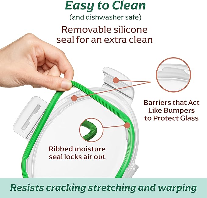 Fusion Gourmet Round Glass Storage Containers with Lids [6 pack] Microwave Safe, Leak-proof, Dishwasher Safe, Oven Safe for Meal Prep Tupperware Set (3 Large + 3 Small, Green)