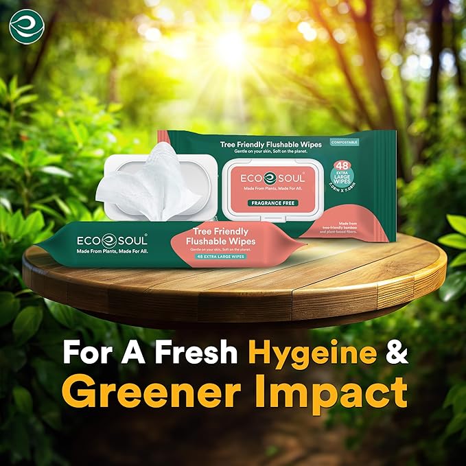 ECO SOUL Bamboo Flushable Extra-Large Adult Wipes - Unscented, 384 Count (8 Pack of 48) - Eco-Friendly Bamboo Wipes, 99% Purified Water, Hypoallergenic, Soft, BPA & Paraben Free