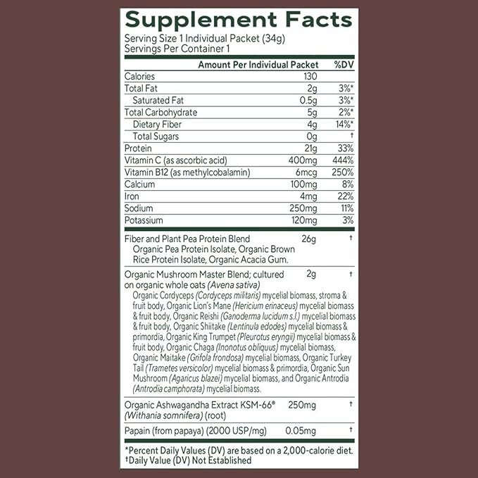 OM MUSHROOM SUPERFOOD Master Blend Mushrooms & Adaptogens, Creamy Chocolate Plant Protein, Single Serve, 10 Count, 10 Mushroom Complex, Lion's Mane, Ashwagandha, Stress Relief, GLP-1 Support