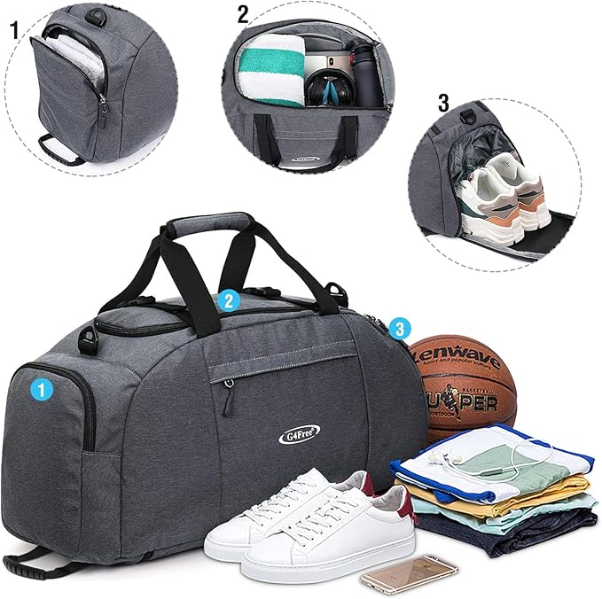 G4Free 40L 3-Way Duffle Bag Backpack Gym Bag for Men Women Sports Duffel Bag with Shoe Compartment Travel Backpack Luggage