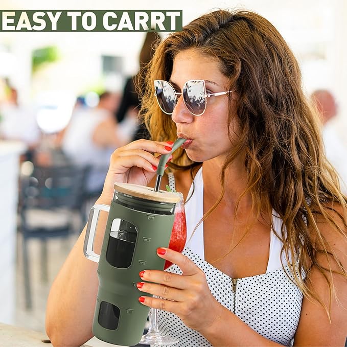 Glass Tumbler with Straw and Lid, 32 oz Glass Cup with Handle, Glass Water Bottles with Time Marker, 2 Straws - Pearl Straw & Drinking Straw Silicone Protective Sleeve-Olive