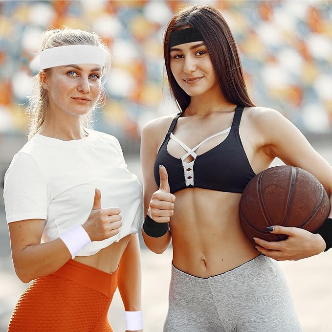 Civaner 12 Pcs 80s 90s Sweatbands Neon Headbands Wristbands for Men Women Party Sports Cotton Headbands Terry Cloth Athletic Sweat Bands for Tennis Football Gym Workingout Accessories