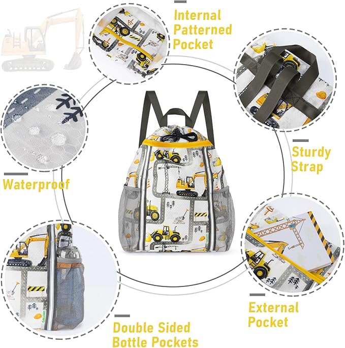 WAWSAM Kids Gym Drawstring Backpack String Bag, Truck Sports Gym Bag for Kids Boys Waterproof Swimming Beach String Cinch Backpack with Two Water Bottle Pocket