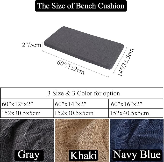 Custom Long Dining Bench Cushion for Indoor Furniture Non-Slip Rectangle Window Seat Cushions 60 x14 Inch, Khaki