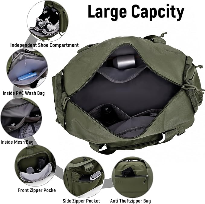 Duffle Bag for Men Women, Gym Bags & Tactical Duffle Bag with Shoe Compartment, Weekender Overnight Bag for Travel Workout, ArmyGreen