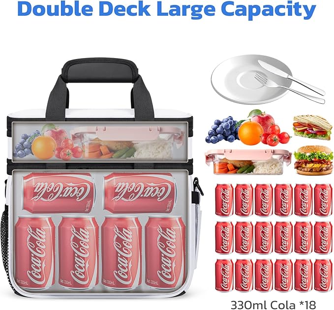 Maelstrom Lunch Box, 20L Insulated Lunch Bag for Men Women, Expandable Double Deck Leakproof Cooler Bag with 6 Pockets, Reusable Lunch Tote Bag for Work, Picnic, Travel, White