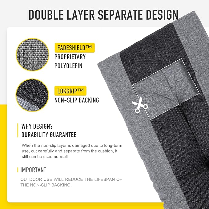 SUNROX LokGrip Non Slip Tufted Memory Foam Bench Cushion, FadeShield Water Resistant Durable Thicken Outdoor/Indoor Bench Seat Pads 27x12x4 inch, Heather Charcoal