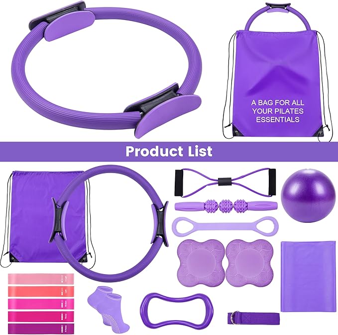 Pilates Ring Circle Fitness Set 17 pcs Equipment Accessories Workouts Includes Pilates Ball Magic Circle Yoga Ring Knee Pads and Resistance Bands for Women Set Gift for Women Weight Loss