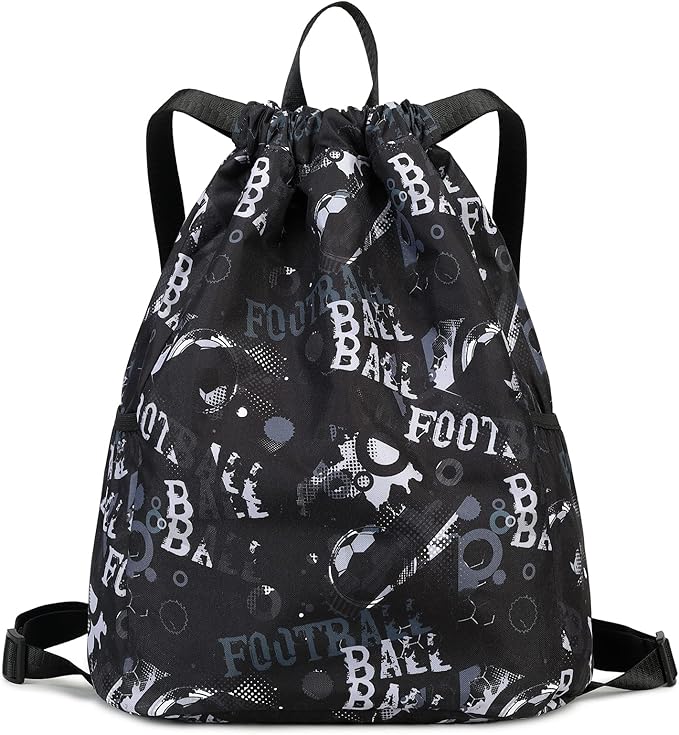 Drawstring Backpack Gym Backpack Sports Bag for Swim Women Men Workout Bag Draw String Back Sack for Soccer Beach Gear Letters Football Black