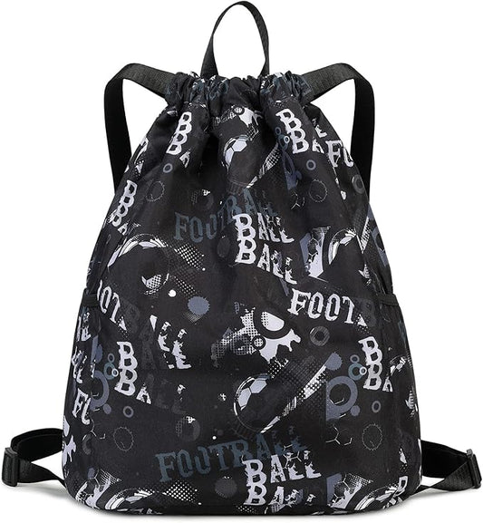 Drawstring Backpack Gym Backpack Sports Bag for Swim Women Men Workout Bag Draw String Back Sack for Soccer Beach Gear Letters Football Black