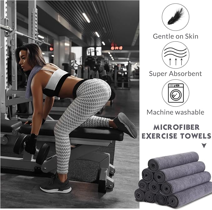 Handepo 12 Pcs Microfiber Workout Gym Towels, 360 GSM 12 x 30 Inch Gentle and Fast Drying Absorbent Towels for Men Women Yoga Travel Sports(Gray)