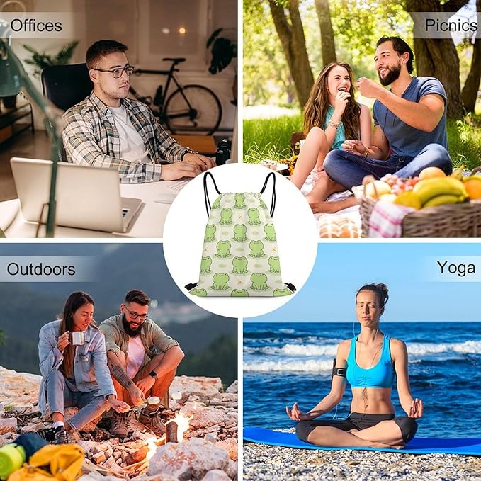 Frog Drawstring Backpack - Cute Cinch Sack, String Backpacks with Pocket for Kids Women Men Boys Girls for Gym Outdoor Sports Travel Athletic Drawstring Bag - Lightweight/Foldable