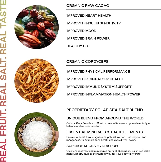 Purest Electrolyte Chocolate Cordyceps Powder Packets – Whole Food Hydration - Fermented Cacao and Solar Sea Salts for Ultimate Electrolyte Balance