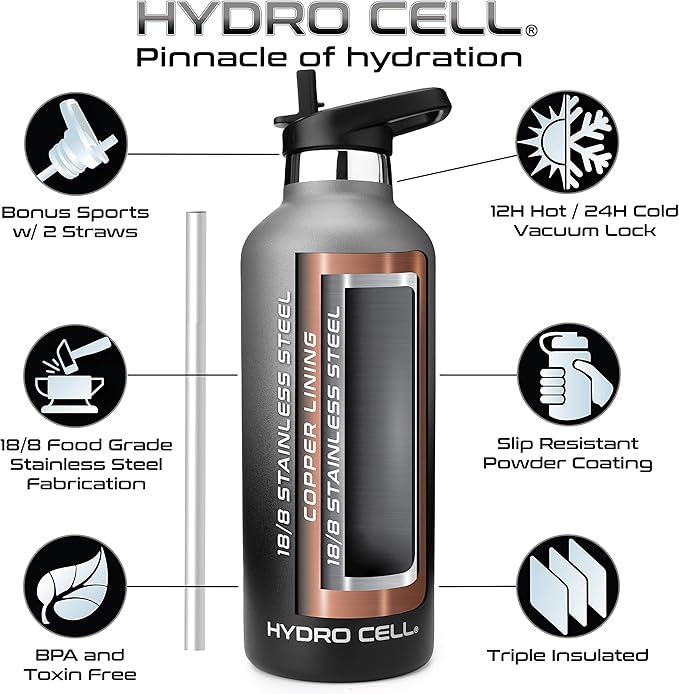 HYDRO CELL Stainless Steel Water Bottle with Straw & 2 Standard Mouth Lids (32oz 24oz 20oz 16oz) Keeps Liquids Hot or Cold w/Double Wall Vacuum Insulated Leak Proof Sport Design (Graphite/Black 32oz)