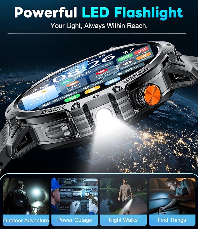 LIGE Military Smart Watches for Men(2 Bands),1000mAh/1.85" HD Large Screen Smartwatch, Flashlight/110+ Sports Modes/Sleep Monitor, Fitness Tracker Watch for Android iOS,Black