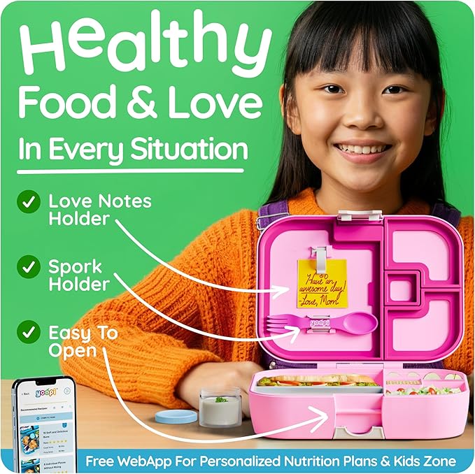 YOOPI Bento Box for Kids, Leak-Proof, BPA-Free School Bento Lunch Box Containers with Compartments. Online Healthy Meal Planning, Durable, Easy-Clean, Eco-Friendly Lunchbox for Girls (Pink).