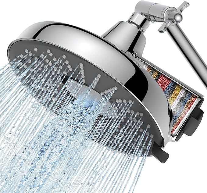Filtered Shower Head High Pressure: 8-Inch Rain Showerhead with 18-Stage Filter for Hard Water Softener - Reduces Chlorine and Heavy Metals, Extension Rod Included (Polished Chrome）