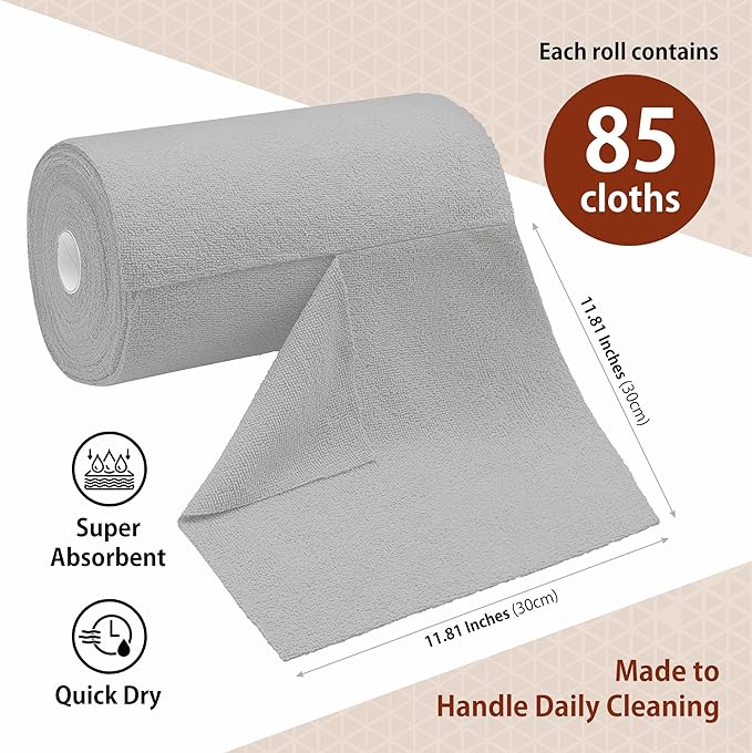 H4N Microfiber Cleaning Cloth Roll, 85 Pack Micro Fiber Cloth for Cleaning, Tear Away Towels, Ultra Absorbent, Non-Abrasive, Reusable and Washable Cleaning Supplies, 11.81" x 11.81", Gray