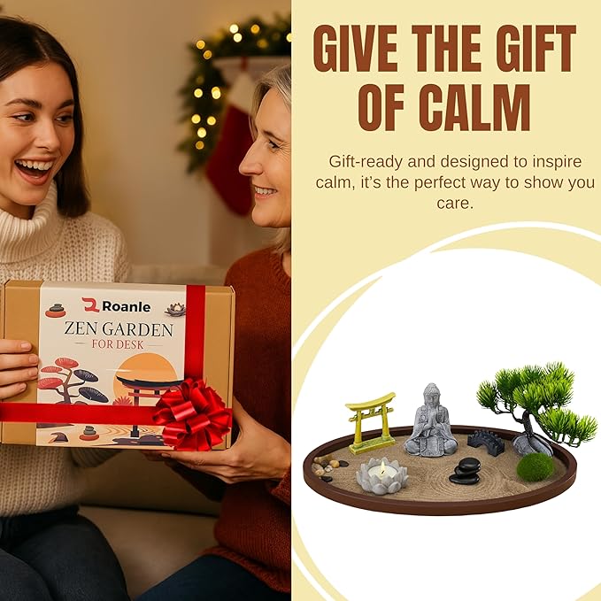 Zen Garden for Desk 13x8in – Japanese Decor with Buddha, Artificial Bonsai Tree, Tools & Accessories – Mini Zen Garden Kit for Office Desk, Home, Meditation Room, Desktop Gift Set