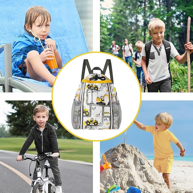 WAWSAM Kids Gym Drawstring Backpack String Bag, Truck Sports Gym Bag for Kids Boys Waterproof Swimming Beach String Cinch Backpack with Two Water Bottle Pocket