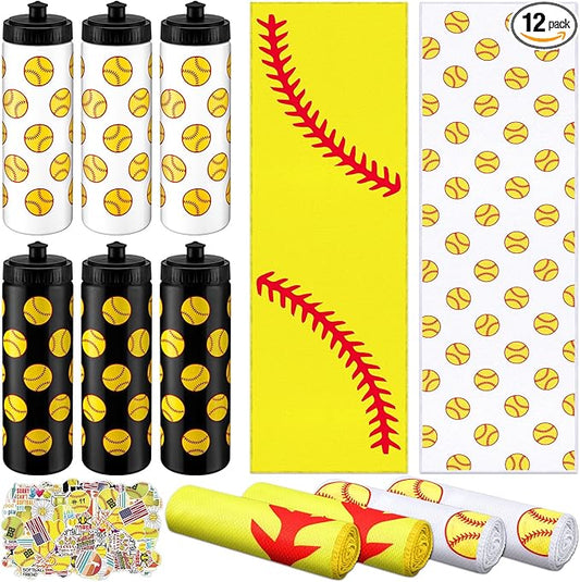 12 Pcs Softball Water Bottle Softball Cooling Towel Set with 50 Sticker Sports Party Favors Include 6 Reusable Sports Squeeze Water Bottle 6 Ice Towel Breathable Fast Drying for Team Gifts