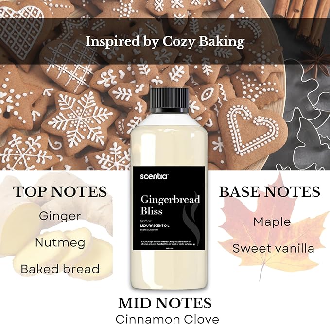 Gingerbread Bliss Fragrance Oil – 500ml Professional Christmas Diffuser Oil | Cozy Holiday Blend with Ginger, Nutmeg, Cinnamon & Vanilla | Aromatherapy for Homes, Spas, Hotels & DIY Supplies