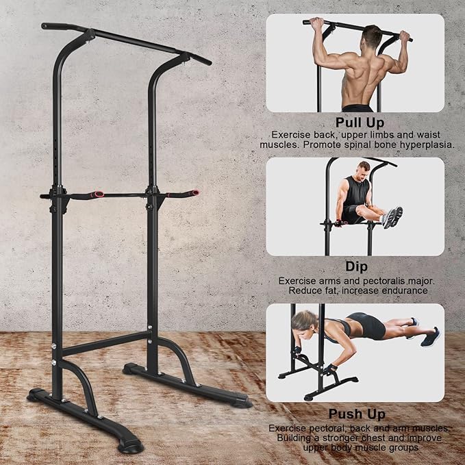 Adjustable Power Tower Pull Up Bar Dip Station, Free Standing Pull Up Rack Dip Station for Home Gym, 400LBS Capacity Height Heavy Duty Multi-Function Home Strength Training Fitness Workout Equipment