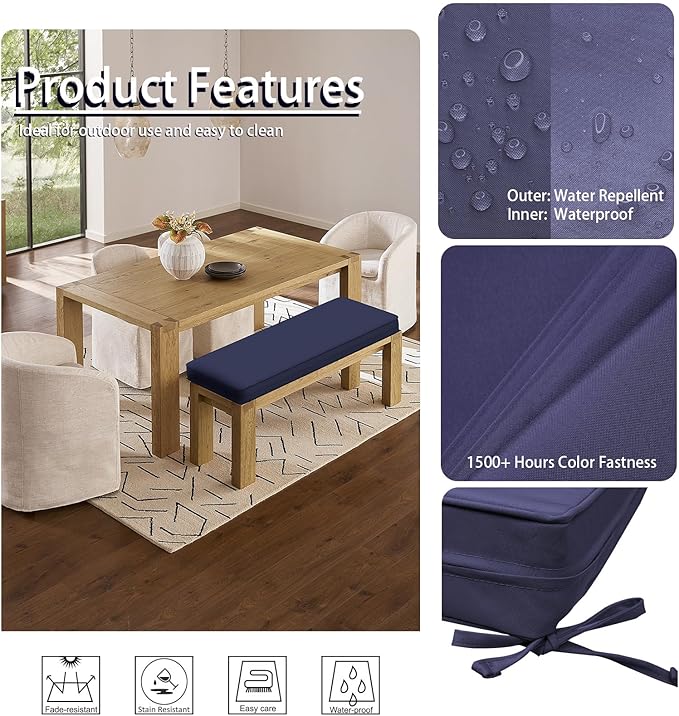 Outdoor Bench Cushion 48 x 18 x 3 Inch, Waterproof Patio Furniture Cushions with Ties, Non-Slip Rectangle Bench Seat Cushion Foam Pad for Garden Sofa Settee Couch Swing, Navy