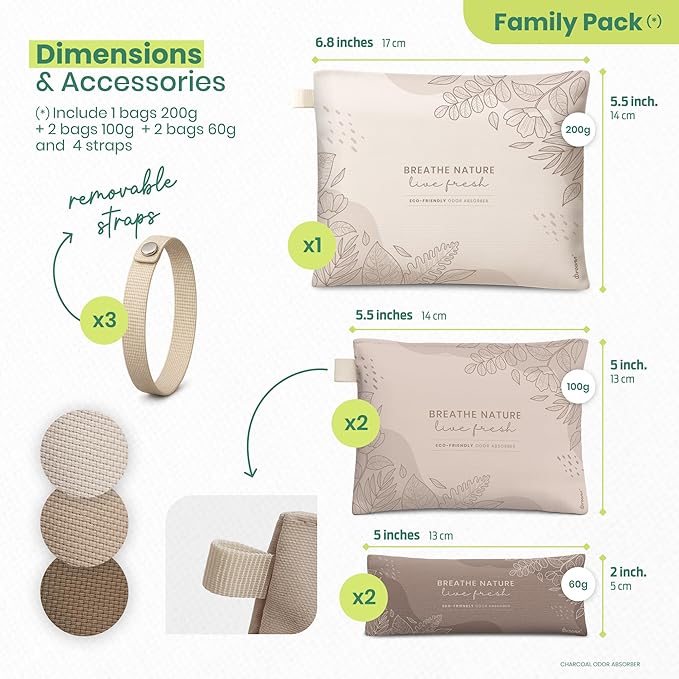 Roonin Activated Charcoal Odor Absorber - Bamboo Charcoal Air Purifying Bag - Activated Charcoal Bags Odor Absorber Packets - Home Deodorizer Odor Eliminator (5-pack)