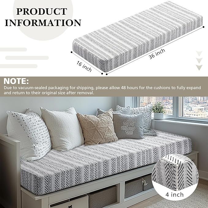 Leinuosen Bench Cushion 36x14x4 Inch for Indoor Furniture Weaving Texture Chenille Kitchen Bay Window Non Slip Seat Cushion Tufted Thicken Pad for Patio Porch, Mudroom Entryway (Black and White)